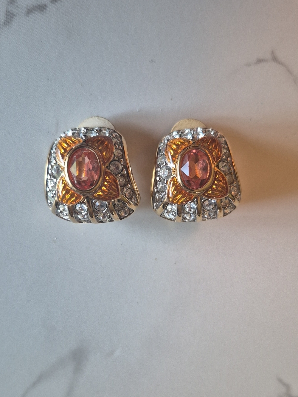 Vintage Nolan Miller Swarovski Crystal "Venus" Clip-On Earrings Gold-Tone Pink